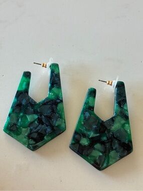 Anthropologie Green Black Marbled Acrylic Geometric Drop Earrings